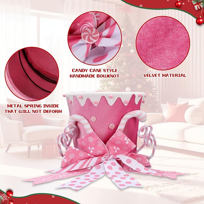 Jenaai Christmas Tree Topper Hat Candy Canes Tree Topper with Striped Bow Ribbon and Lollipop Christmas Decorations Desktop Ornaments Xmas Festive Gift for Home Xmas Holiday Winter Decor (Pink)