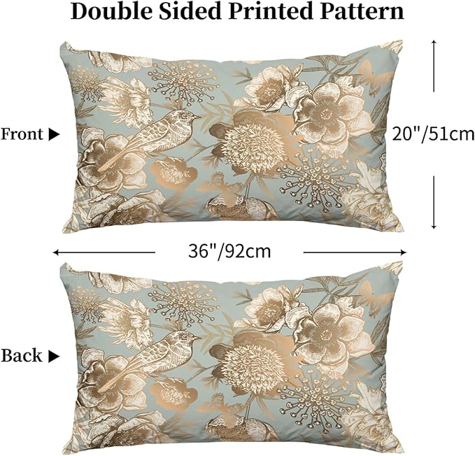 Chinoiserie Pillow Protectors with Zipper Standard Size Vintage Floral Birds Print Pillow Covers Set of 2 Rustic Nature Gold Flowers Pillow Cases Antique Mid Century Modern Bed Pillow Covers 20"x36"