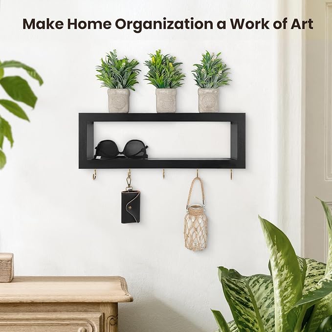 Wall Shelf with Hooks - Decorative Key and Wallet Holder for Wall Holds Sunglasses, Leashes, Scarves and Lanyards - 15.7" x 5.1" x 2.9" Entryway Organizer Made of Paulownia Wood (Black)