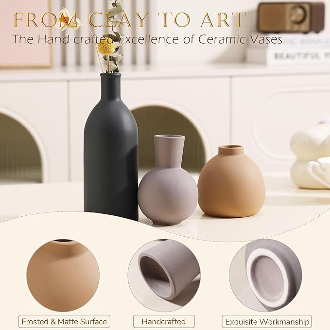 Ceramic Vase Set of 3 - Handcrafted Ceramic Vases for Home Decor & Shelf - Modern Farmhouse Decor for Kitchen, Office, Bedroom & Living Room Decorative Objects for Mantel, Table Centerpieces