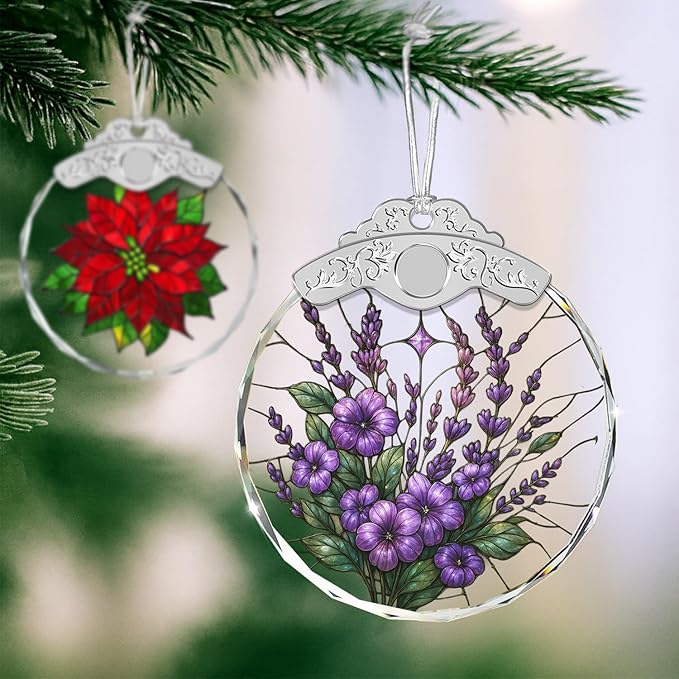 Christmas Ornaments - Purple Bauhinia & Violets Stained Glass Ornament - Xmas Decor - Ornaments for Christmas Tree - Holiday Presents - Gift Exchange Ideas - Car Hanging Decoration