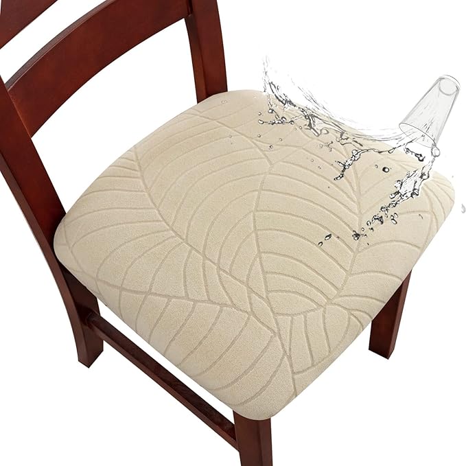 Genina Waterproof Seat Covers for Dining Room Chairs, Stretch Chair Covers Removable Washable Dinning Room Kitchen Chair Seat Cushion Slipcovers (Leaves-Beige, 6 PCS)