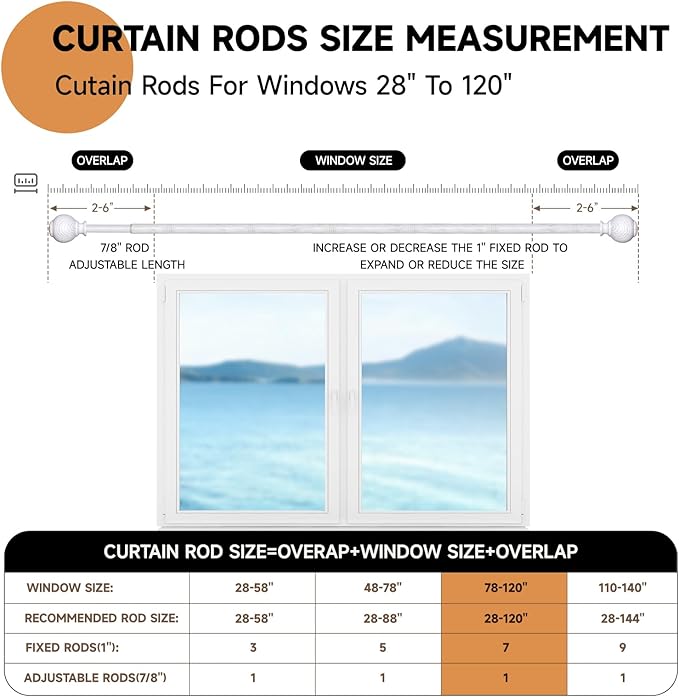 Wood Curtain Rods for Windows 66 to 120 Inches,1 inch Heavy Duty Window Curtain Rod with Imitation Wood Grain Finials,Decorative Drapery Rods Adjustable, 28"-120"(2.3-10ft), White Wood