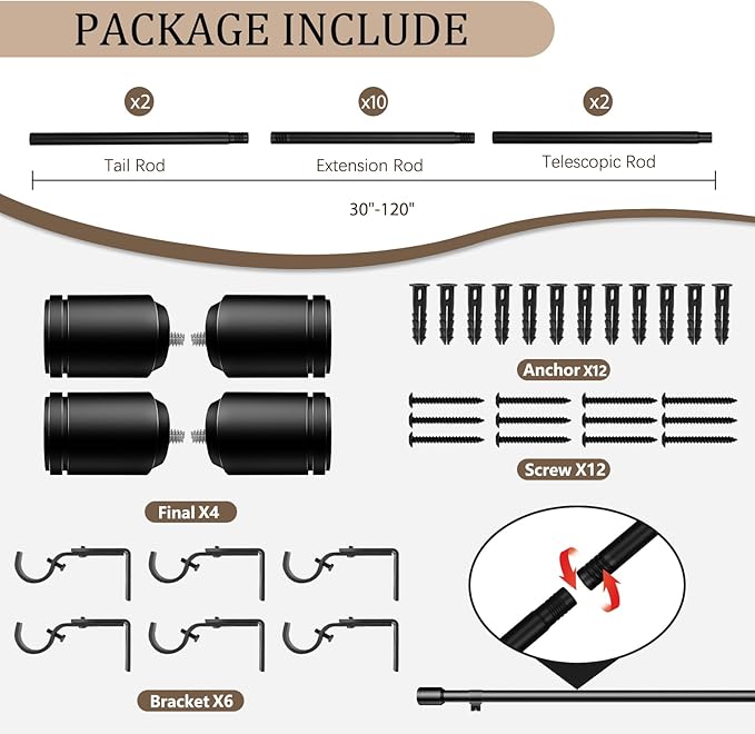 1” Diameter Black Curtain Rods for Windows, 2 Pack 30-120 Inch Heavy Duty Window Rods, Long Adjustable Curtain Rod, Fits Most Standard Windows, Suitable for Bedroom, Living Room, Farmhouse
