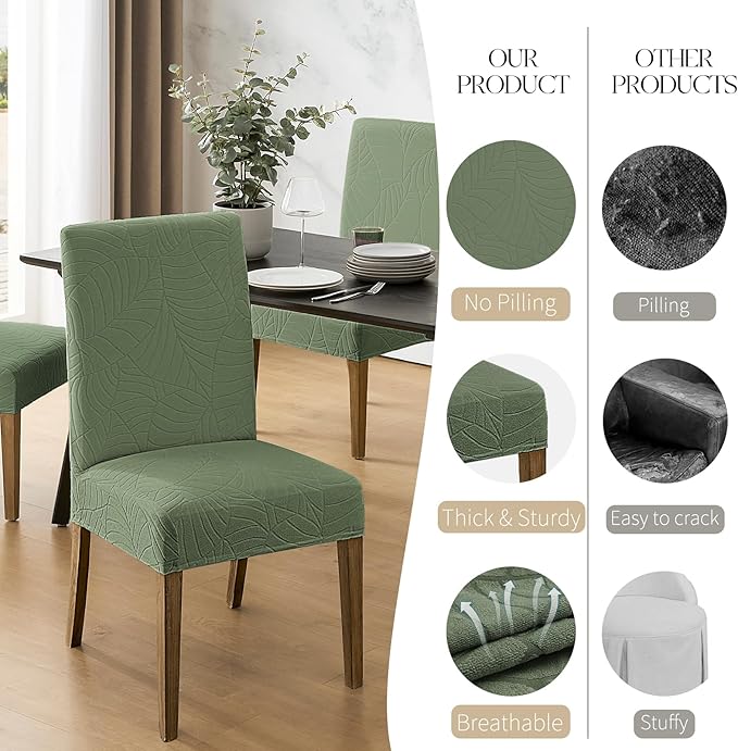 MOSAYT 100% Waterproof Dining Room Chair Covers Set of 6, Super Fit Stretch Jacquard Parson Chairs Slipcovers Removable Washable Chair Seat Protectors for Home, Kitchen, Banquet (Green - XL)