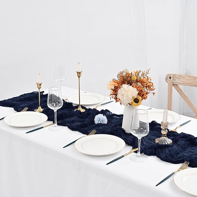 12 Pack Navy Blue Cheesecloth Table Runner,Romantic Sheer Tablerunner,10FT Gauze Boho Table Runner,Rustic Cheese Cloth Table Runners for Wedding Party Bridal Shower Table