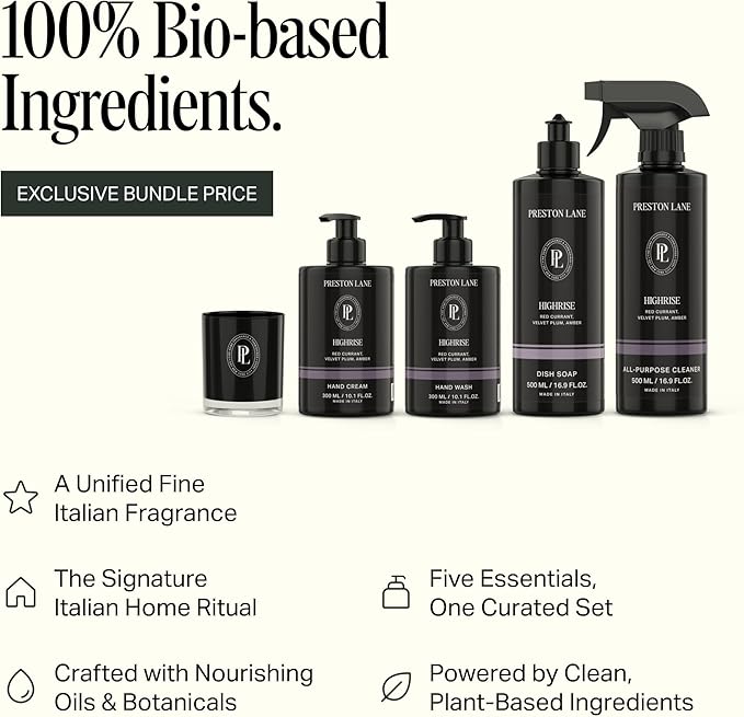 Preston Lane Signature Home Set – All Purpose Cleaner, Dish Soap, Hand Wash, Hand Cream & Scented Candle | Plant-Powered Cleaning & Care Essentials with Fine Italian Fragrance, Highrise