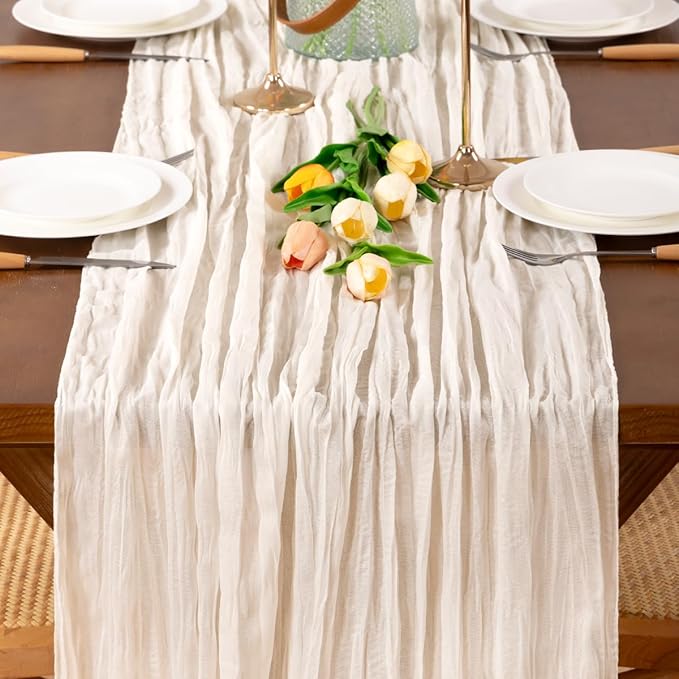 Ivory White Cheesecloth Table Runner 3pcs Valentine's Day Cream Boho Gauze Spring Table Runner 22×120 inches 10FT Table Decor for Farmhouse Wedding Baby Shower Birthday Party Ceremony