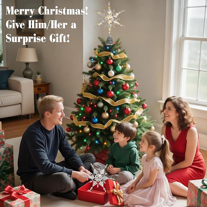 Lewondr Christmas Snowflake Tree Topper, 12.2'' Glittered Xmas Tree Topper with Pearl Gem, 30 LED Bulbs, 6 Hrs Timer and 8 Modes USB Remote Control, Christmas Treetop Decor for Home Holiday, White