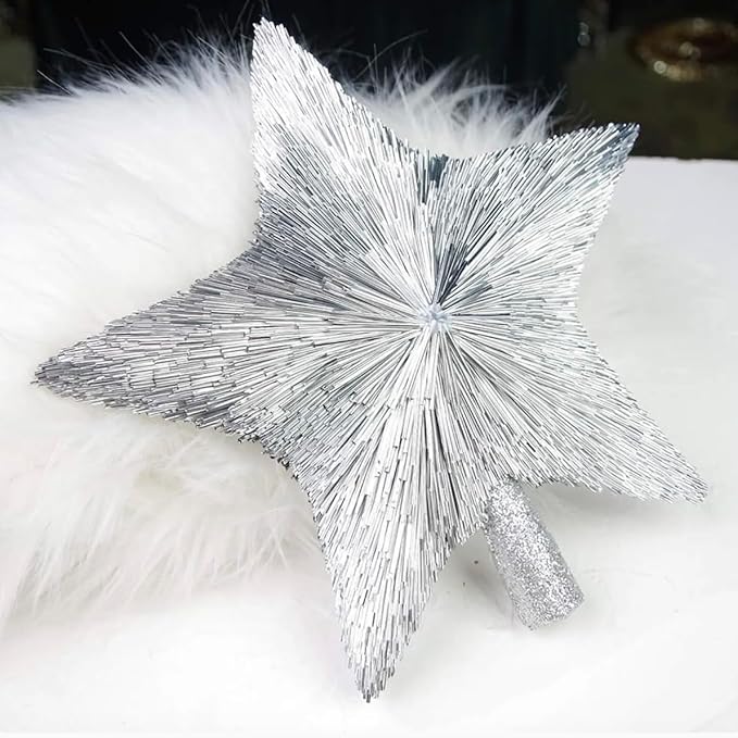 10" Luxury Christmas Tree Topper - Handmade Tree Star - Silver Treetop - Elegant Stars for Medium Large Big Christmas Tree - Lightweight Tinsel Shiny Top Star - Xmas Ornaments - Holiday Decor