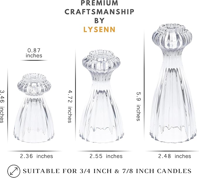 Lysenn Glass Candle Stick Holder Set of 3 – Premium Taper Candle Holders for Romantic Ambiance - Candle Sticks Holder Decor for Special Occasions - Purple