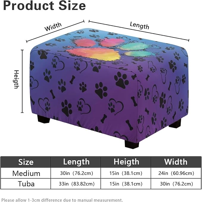 Soft Stretch Ottoman Slipcover Colorful Paws Washable Rectangle Footrest Stool Cover Anti Scratch Furniture Protector with Nonslip Elastic Bottom for Most Footstools Size L