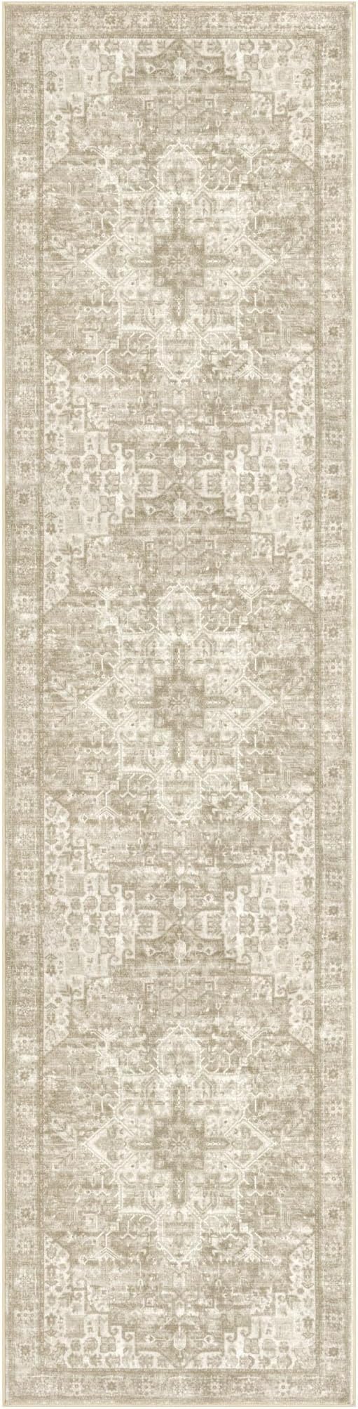 2x8 Washable Printed Runner Rug for Hallways, Light Beige Grey Brown Soft Neutral Vintage Runner with Non-Slip, Non-Shedding Boho Rug for Bedroom Kitchen Porch Laundry Indoor