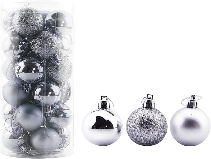 Bestjybt 24pcs 1.57" Small Christmas Ball Ornaments Shatterproof Christmas Decorations Tree Balls for Holiday Wedding Party Decoration, Tree Ornaments Hooks Included (Silver, 4cm/1.57")