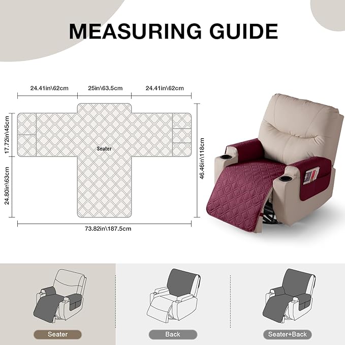 VANSOFY Recliner Chair Covers 100% Waterproof Seat Cover with Arm Reclining Cover Non-Slip Recliner Chair Covers Furniture Protector Washable Slipcover with Pocket for Pets, Dogs(Burgundy, 25")