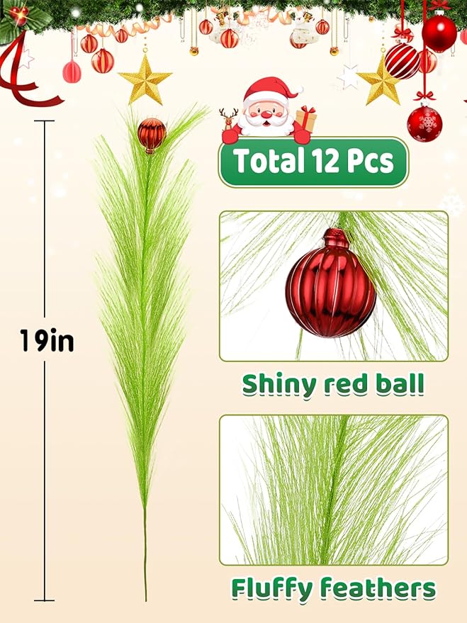 19" Elf Christmas Tree Topper - 12Pcs Lime Green Fluffy Curly Christmas Tree Picks Decorations Filler Ornaments with Red Ball, for Home Wreath Vase Holiday Party