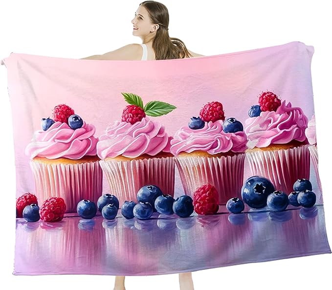 Tijuboni Pink Cupcakes Throw Blanket Dessert Gifts for Girls Women Boys Men Kids Adults Soft Flannel Fleece Blanket for Couch Sofa Bed Home Decor 60"x80"
