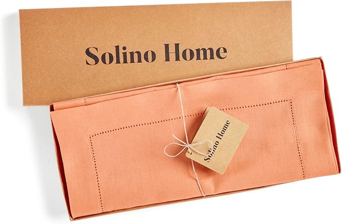 Solino Home Linen Coral Hemstitch Table Runner 60 Inches - 100% Pure Linen Small Table Runner 14 x 60 Inch Ideal for Dresser and Coffee Tables, Valentines, Spring, Easter - Classic Hemstitch