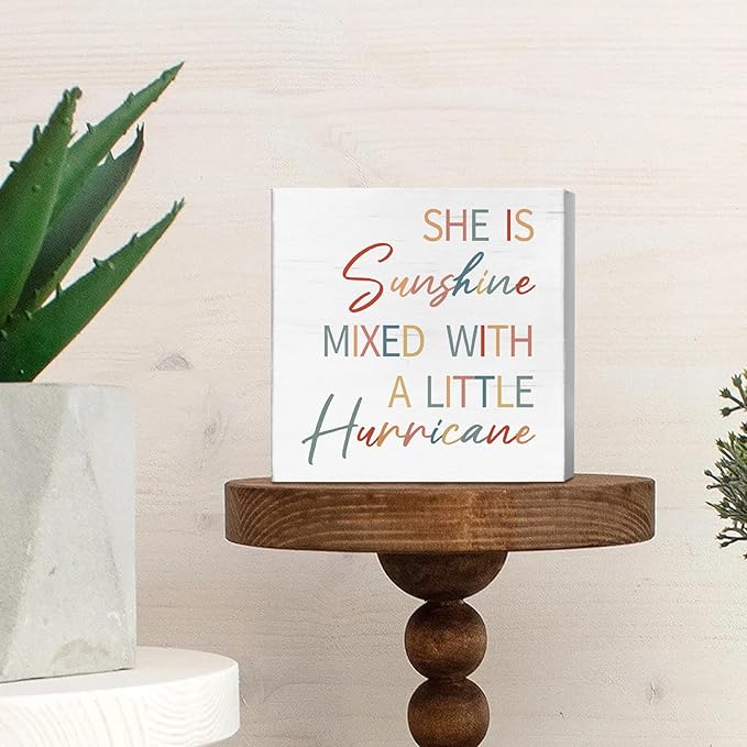 JXREQ Nursery Shelf Table Decor Baby Girls Inspirational Wood Box Sign, Girls Room Decor Playroom Bedroom, She is Sunshine Mixed with a Little Hurricane Sign Desk Decor, 5x5 Inch, White