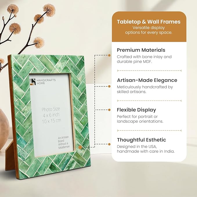 Handicrafts Home 4X6 Decorative Picture Frame, Christmas Decor, Bone Inlay Green Leaf Collection Photo Frame for Home & Shelf Decor– Vintage Frames for Gallery Wall, Desk Decor, Holiday Giftings