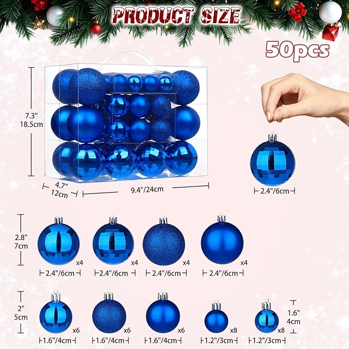 50pcs Christmas Ball Ornaments Navy Blue Small Shatterproof Christmas Tree Decorations Xmas Tree Christmas Ornaments Balls with Hanging Loop for Christmas Wedding Holiday Party Wreath Home Decor