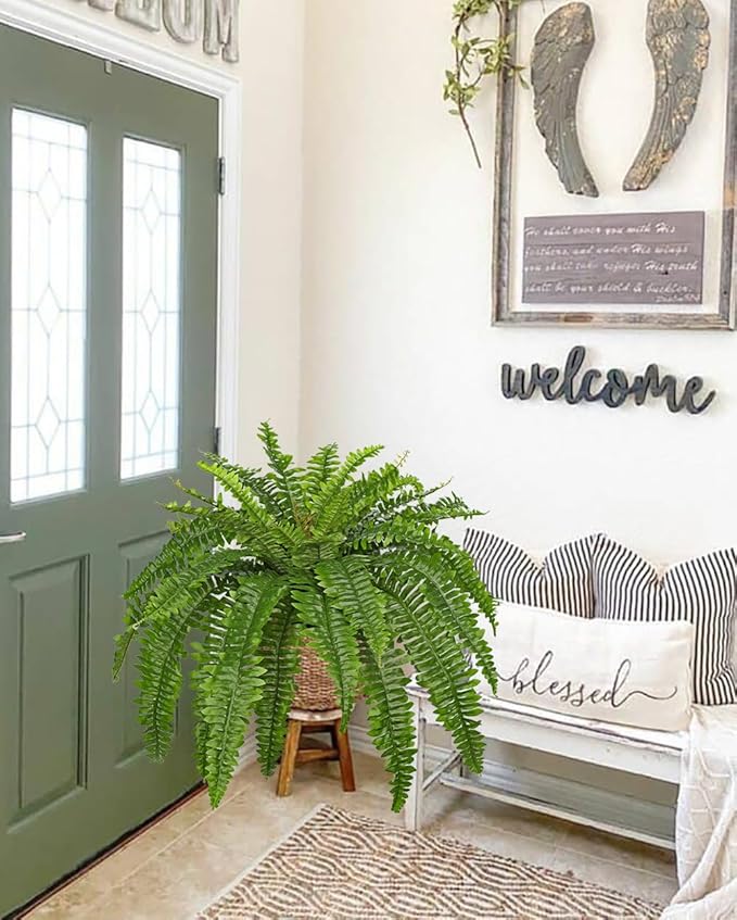 Hollyone Artificial Fern Plants in Pot 34.6" Large Artificial Boston Fern 39 Leaves for Outdoors & Indoor Faux Potted Plant Fake Ferns Bush Plant for Patio Garden Farmhouse Porch Home Decor Green