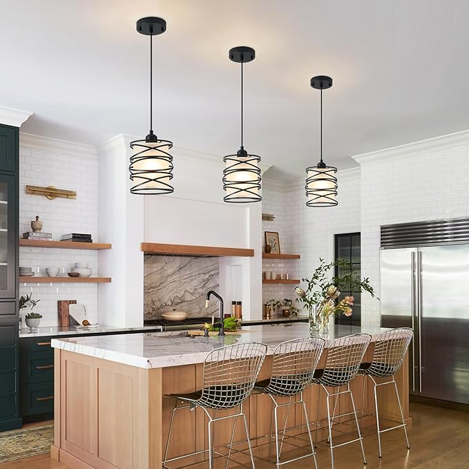 Frosted Glass Pendant Light Fixtures 6.3Inch Spiral Metal Cage Mini Pendant Lighting Handblown Island Hanging Light Adjustable Cord Ceiling Lamp for Kitchen Dining Room Foyer Hallway, E26