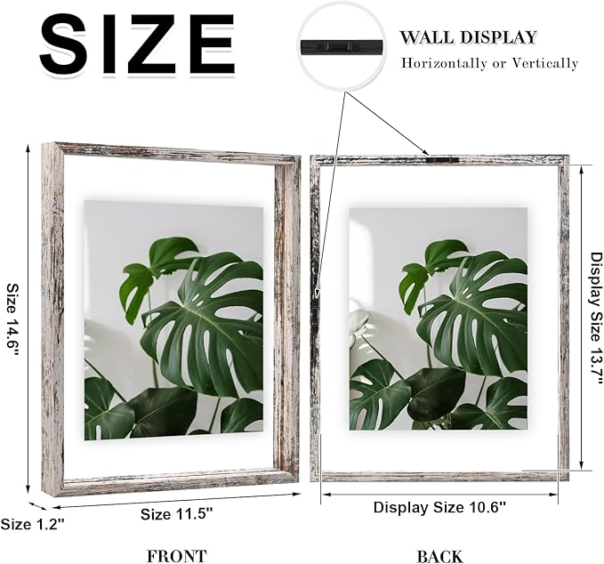 Egofine Distressed White 11x14 Floating Frames Set of 2, Double Plexiglass Picture Frame, Made of Solid Wood Display Any Size Photo up to 11x14, Wall Mount or Tabletop