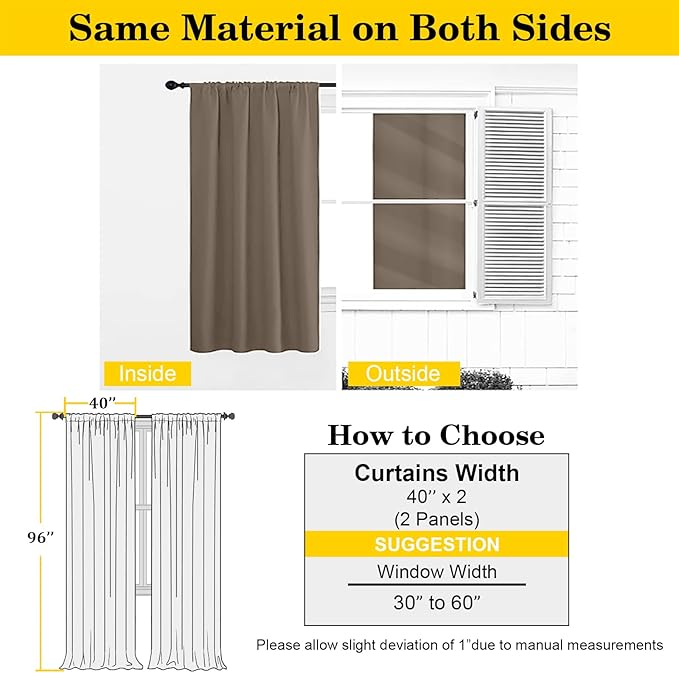 Brown Blackout Curtains for Bedroom Living Room 96 Inches Long 2 Panels, Soft Solid Room Darkening Thermal Insulated Window Treatments, Rod Pocket Curtain, Brown, Each 40" Wx96 L