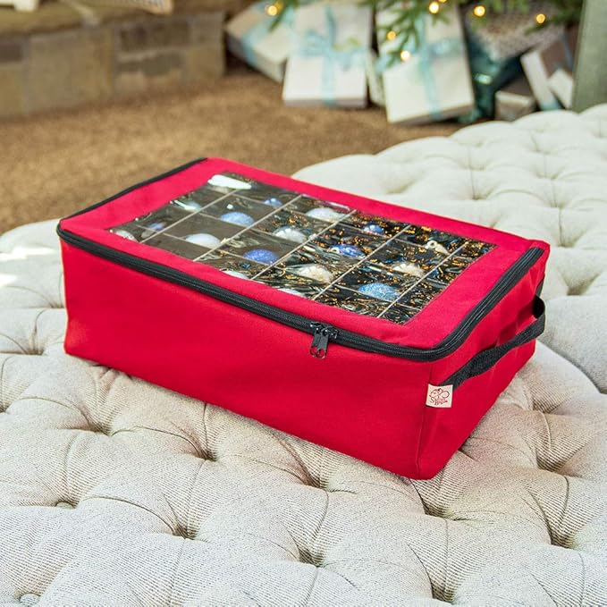 [Red Christmas Ornament Storage Box with Dividers] - (Holds 48 Ornaments up to 3 Inches in Diameter) | Acid-Free Removable Trays with Separators | Clear Window to Easily See Storage Bags Contents