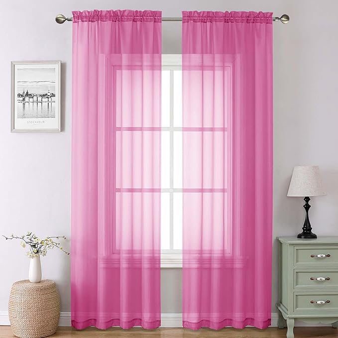 Lecloud Hot Pink Sheer Curtains 90 Inches Long 2 Panels, Solid Voile Privacy Window Treatment Aesthetic Living Room Curtains, Rod Pockets Soft Airy Drapes for Girls Bedroom, Each Panel 42" W x 90" L