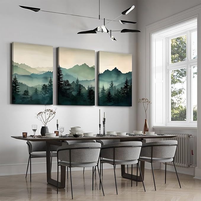 Mountain Wall Art Decor Set of 3 Sage Green Forest Canvas Wall Art Prints Nature Landscape Wall Decor Watercolor Pine Tree Pictures Abstract Modern Painting for Living Room Bedroom 12x16 Inch Framed
