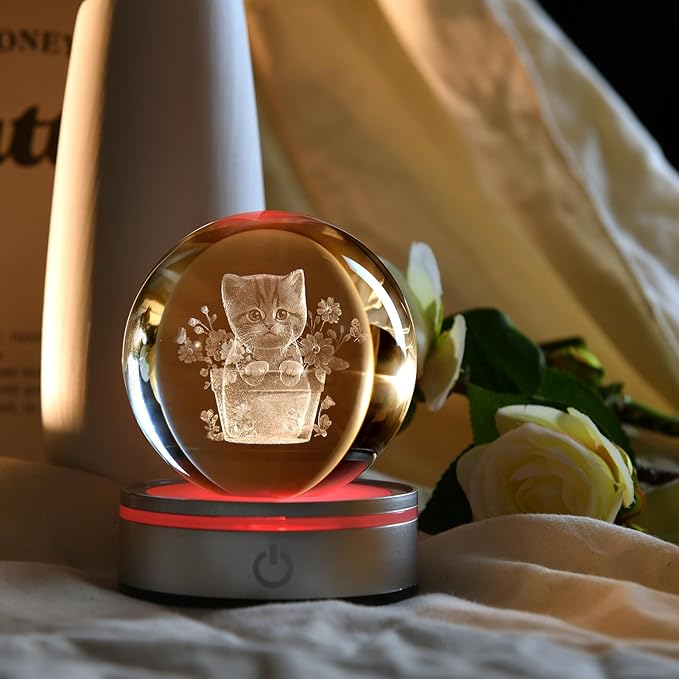 IFOLAINA Cat Themed Gifts for Women Christmas 3D Crystal Ball for Her Mom Girls Cat Lover Gifts for Women Birthday Glass Globe Decor for Bedroom