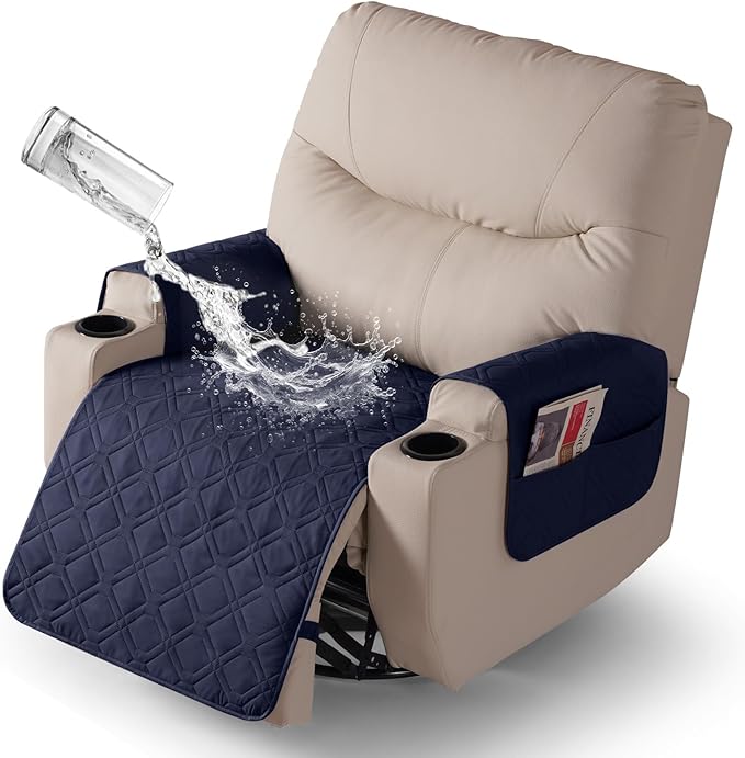VANSOFY Recliner Chair Covers 100% Waterproof Seat Cover with Arm Reclining Cover Non-Slip Recliner Chair Covers Furniture Protector Washable Slipcover with Pocket for Pets, Dogs(Dark Blue, 25")