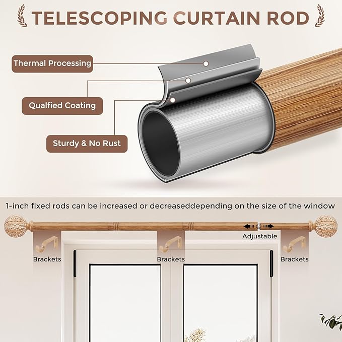 2 Pack Wood Curtain Rod for Windows 28 to 48 Inch, 1'' Diameter Adjustable Heavy Duty Rustic Farmhouse Drapery Rods with Boho Imitation Wooden Grain Decorative Finials, Size: 28''-45'' – Light Wood