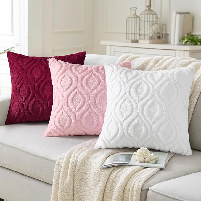 decorUhome Throw Pillow Covers 16x16 Inch Set of 2, Soft Plush Faux Wool White Solid Couch Pillow Covers, Accent Farmhouse Neutral Square Pillow Cases for Sofa Bed Living Room