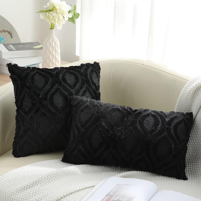decorUhome Throw Pillow Covers 26x26 Inch Set of 2, Soft Plush Faux Wool Black Solid Couch Pillow Covers, Accent Farmhouse Neutral Square Pillow Cases for Sofa Bed Living Room