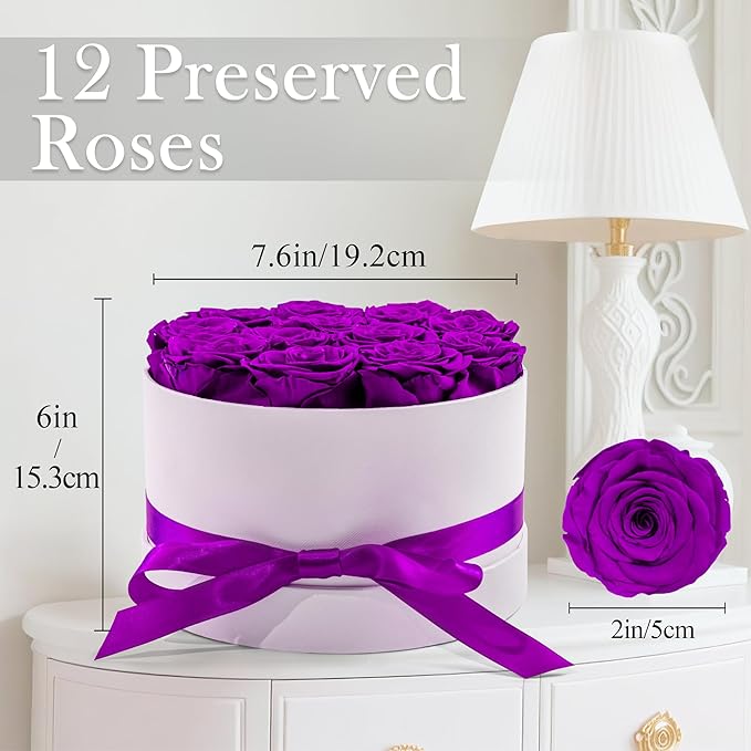 Preserved Roses in a Box, Blooming Real Roses Decor, Eternal Flowers for Delivery Prime, Best Gifts Birthday, Wedding, Anniversary, Mother's Day for Her, 12-Pieces (Purple)