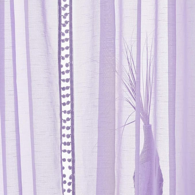 Treatmentex Pom-Pom Sheer Curtains for Girl's Bedroom 84 inches Long Voile Curtain Panels Rod Pocket Lilac 52" w x 2pc