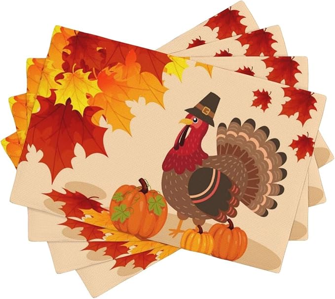 Thanksgiving Day Placemats, Autumn Red Orange Maple Leaves Fall Funny Turkey Pumpkins Table Mats for Harvest Holiday Indoor Outdoor Table Decoration, 4PCS