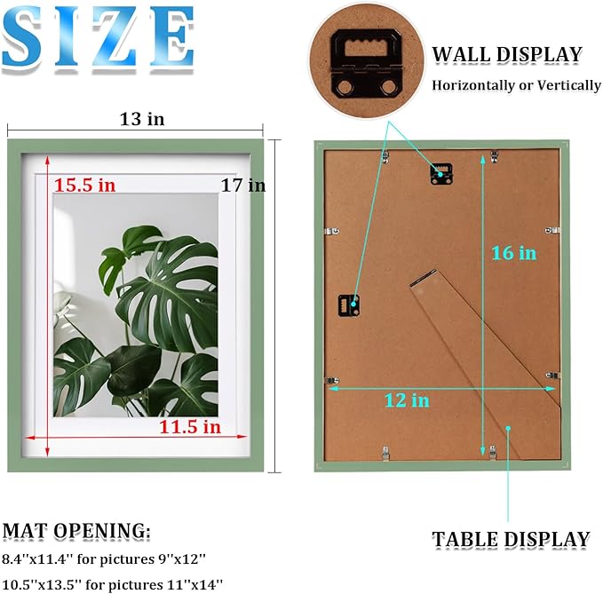 Egofine 12x16 Picture Frames 4PCS Covered by Plexiglass, Made of Solid Wood, Display Pictures 9x12 and 11x14 with Mat or 12x16 Without Mat for Table Top and Wall Mounting, Green