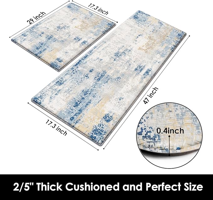Arttown Modern Anti-Fatigue Kitchen Rug Set of 2 Blue Grey Cushioned Floor Standing Mat Waterproof Non-Slip Mat and PVC Ergonomic Comfort Foam Rug