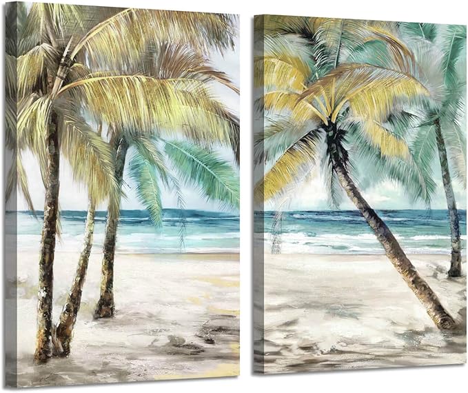 ARTISTIC PATH Tropical Coconut Tree Wall Art: Abstract Palm Tree Canvas Seaside Picture Artwork Painting for Living Room (24" W x 36" H x 2 PCS,Multi-Sized)