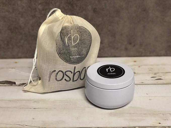 Rosbas Candle, Sandalwood Scented, Natural Soy Wax, White Metallic Tin, 6 oz, Cotton Wick, Long Burn Time, Drawstring Cotton Bag, Non-Toxic, Handmade in The USA