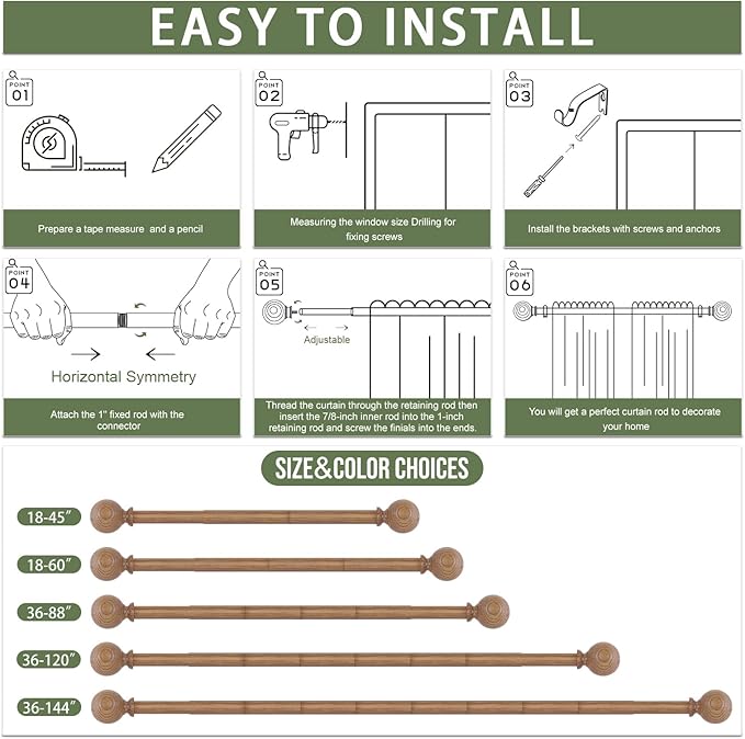2 Pack Wood Curtain Rods for Windows 28 to 48 Inch,1 Inch Wood Grain Ball Adjustable Curtain Rod,Boho Heavy Duty Curtain Rods,Farmhouse Rustic Window Curtains Rods,Brown Drapery Rods Set 18-45"