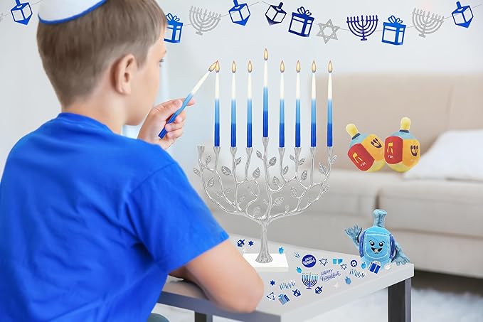 Deluxe Tapered Hanukkah Menorah Tri Color Blue, Blue, and White, Candles for All 8 Nights of Chanukah (10-Pack)
