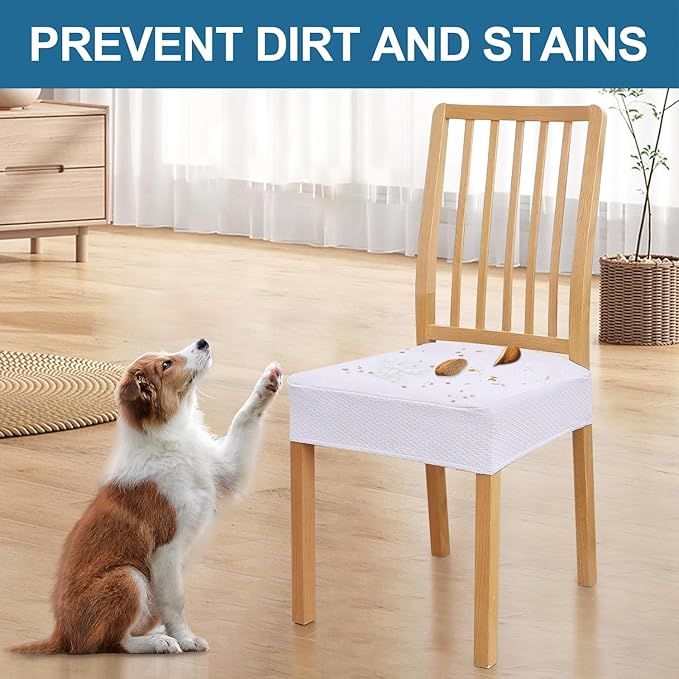 Smiry Waterproof Seat Covers for Dining Room Chairs Set of 8, Stretch Jacquard Removable Washable Chair Seat Slipcovers Protector, No Rear Covers, White