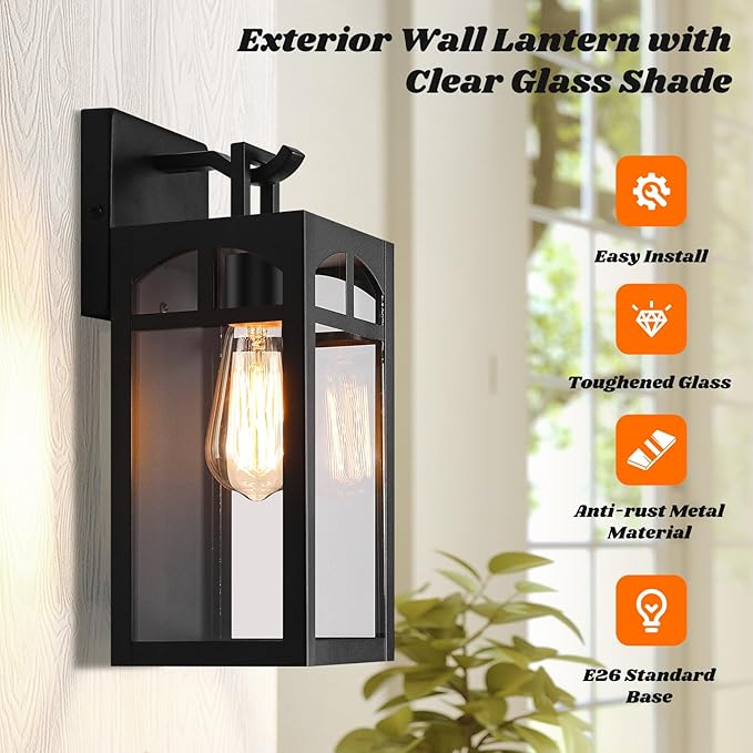 Outdoor Wall Lanterns, Exterior Waterproof Matte Black Wall Light Fixtures, Sconces Lighting with Clear Glass Shade, Anti-Rust E26 Socket Lights for Porch Entryway Patio, 2 Pack