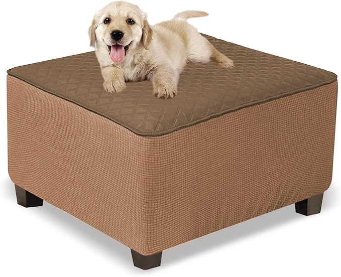 NeColorLife Ottoman Cover Square Waterproof Ottoman Slipcover Thick Storage Footrest Stool Covers Furniture Protector for Pets,Kids (Small Size,Brown)