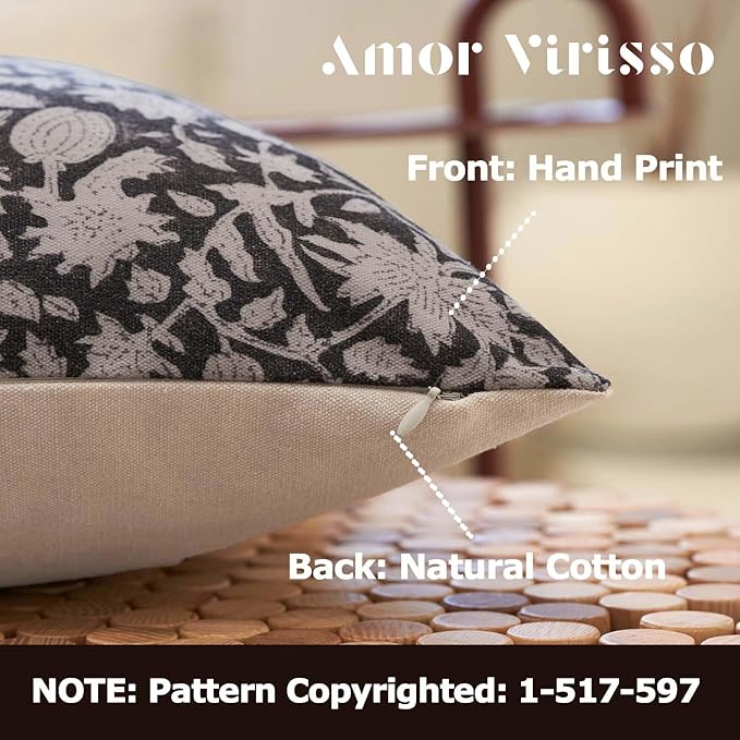 Amor Virisso Floral Throw Pillow Covers 24x24 Couch Pillows for Living Room Bed Block Print Decorative Accent Throw Pillow Covers Farmhouse Neutral Pillow Covers Sofa Pillows 1PC, Black